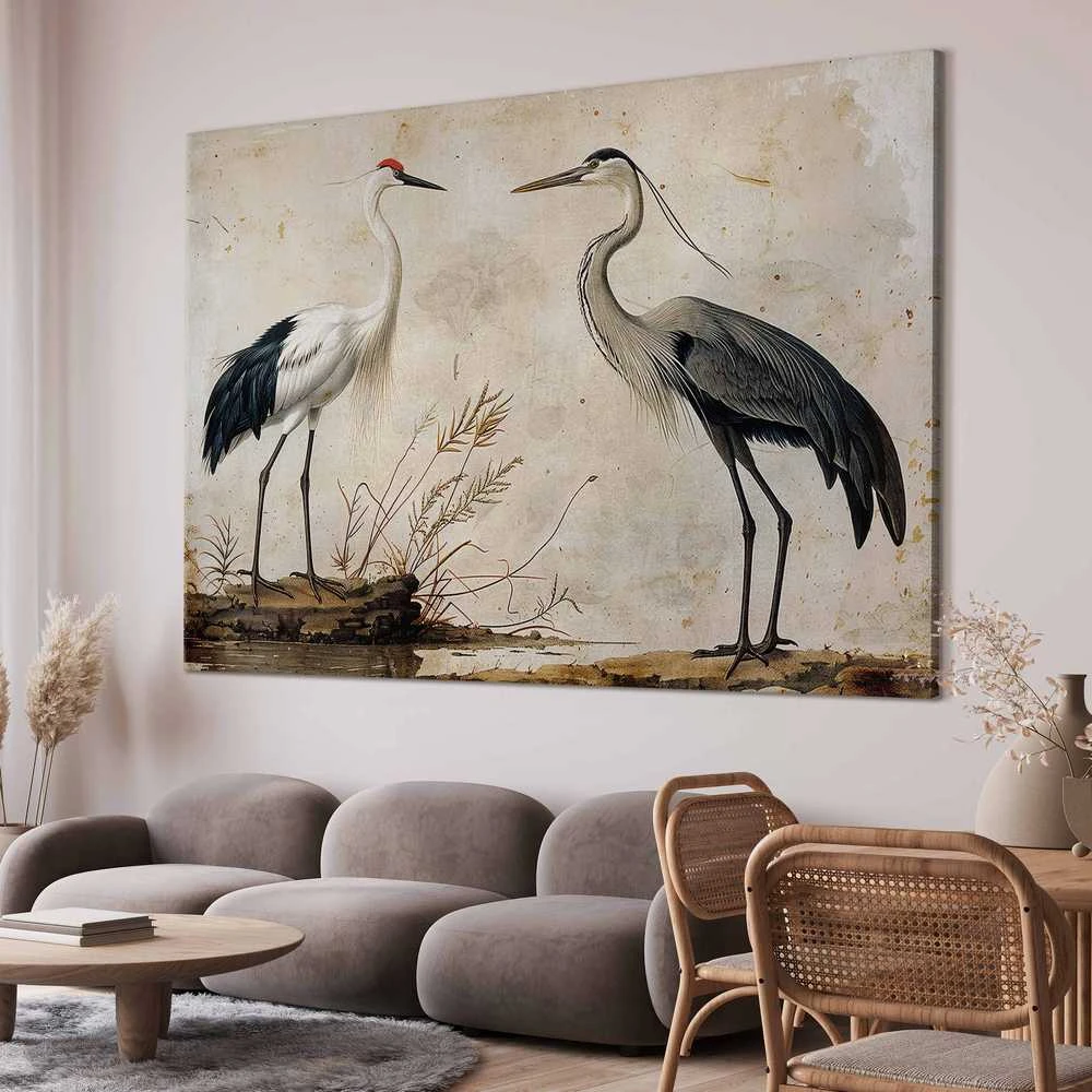 Artgeist XXL paveikslas - Birds from an old engraving - vintage-style illustration depicting a heron and a crane