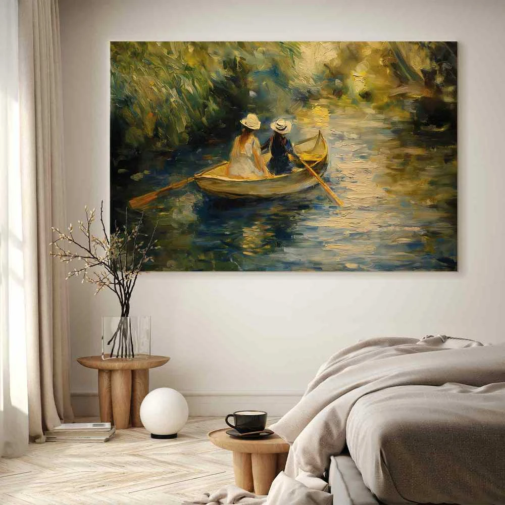 Artgeist XXL paveikslas - Boat crossing - painting of two women sailing a boat on a river