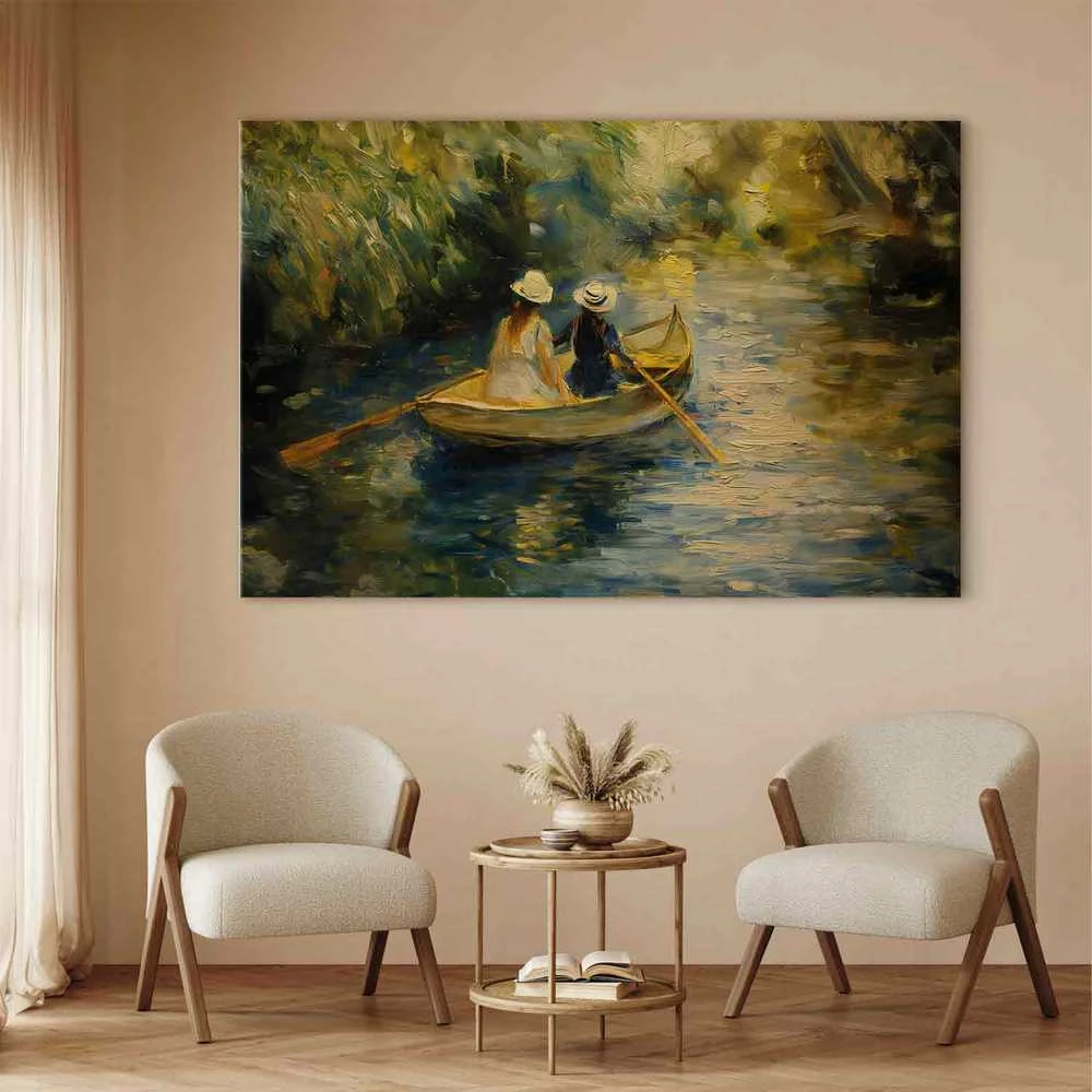 Artgeist XXL paveikslas - Boat crossing - painting of two women sailing a boat on a river