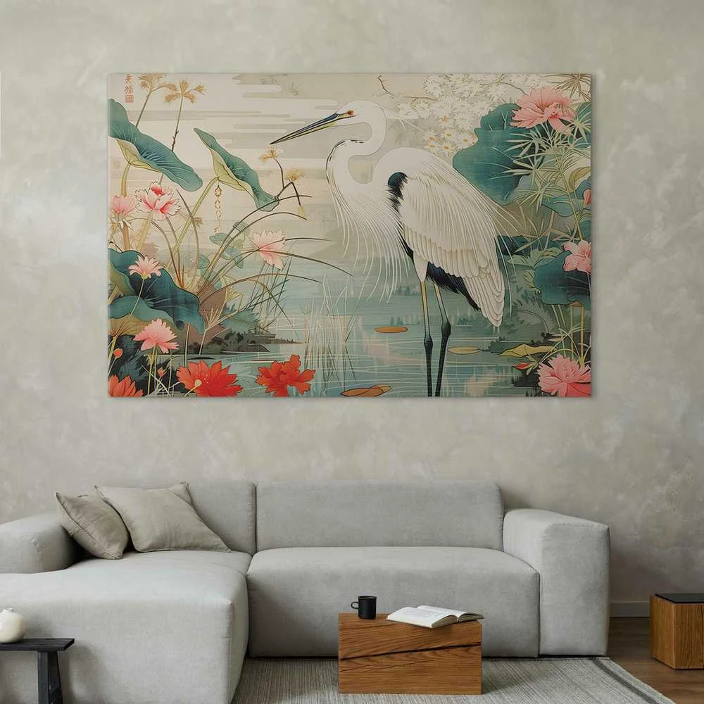 Artgeist XXL paveikslas - By an Asian pond - an illustration in the style of a Japanese engraving, depicting a heron
