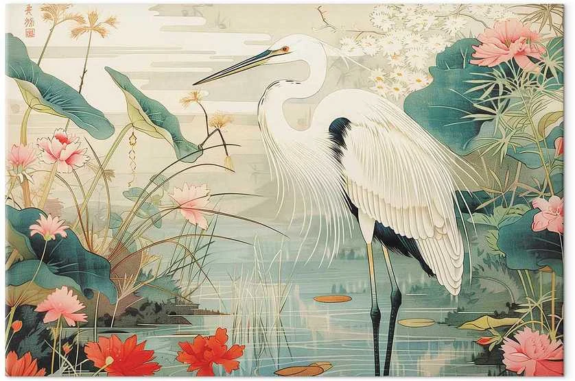 Artgeist XXL paveikslas - By an Asian pond - an illustration in the style of a Japanese engraving, depicting a heron