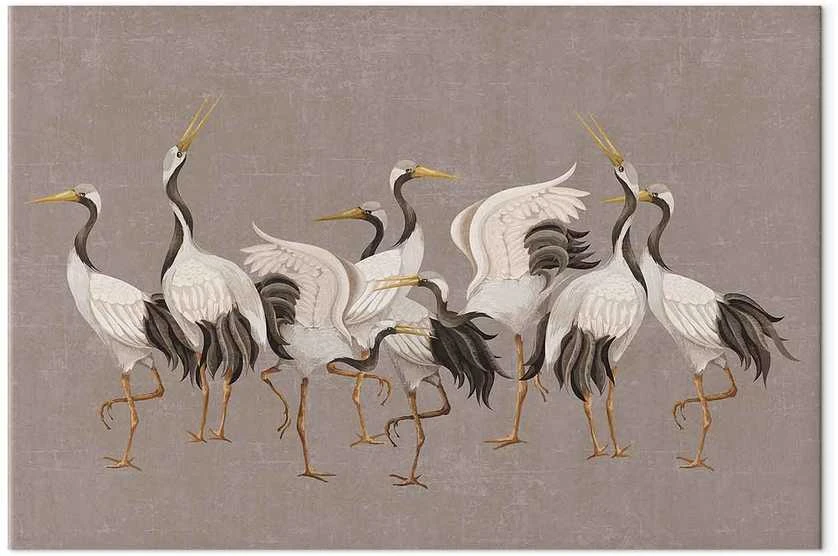Artgeist XXL paveikslas - Crane dance – bright silhouettes of birds against a warm pilkas background with texture