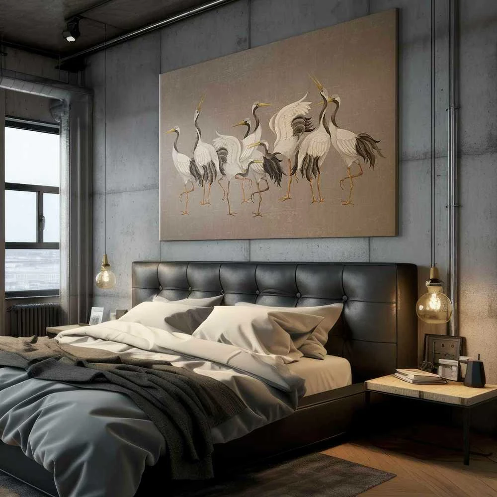 Artgeist XXL paveikslas - Crane dance – bright silhouettes of birds against a warm pilkas background with texture