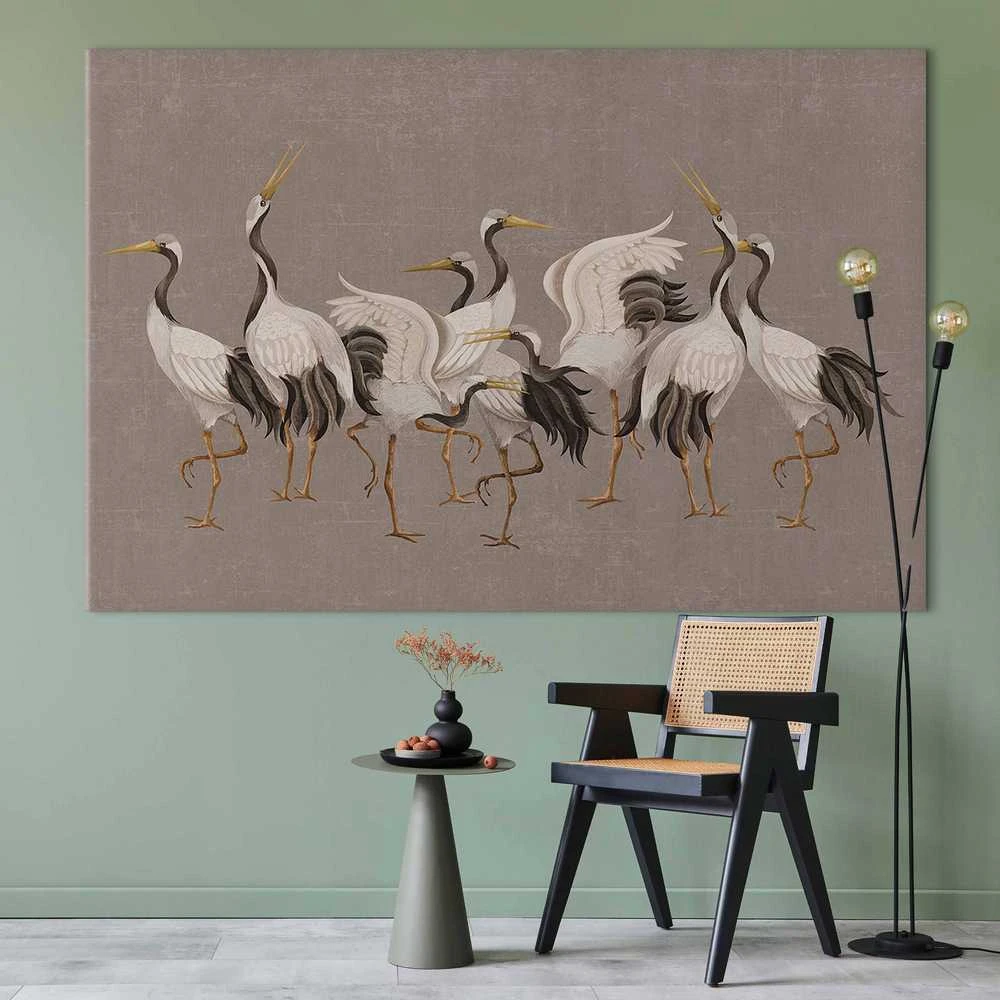 Artgeist XXL paveikslas - Crane dance – bright silhouettes of birds against a warm pilkas background with texture