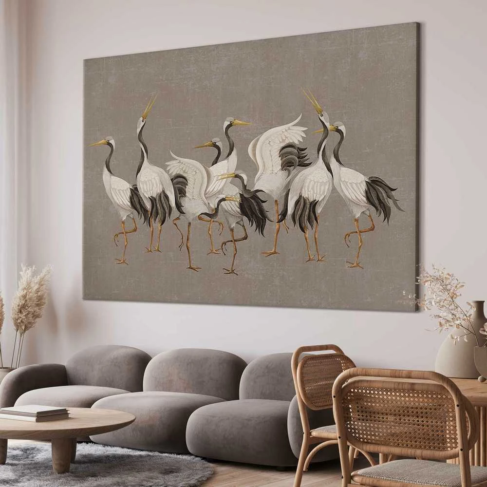 Artgeist XXL paveikslas - Crane dance – bright silhouettes of birds against a warm pilkas background with texture