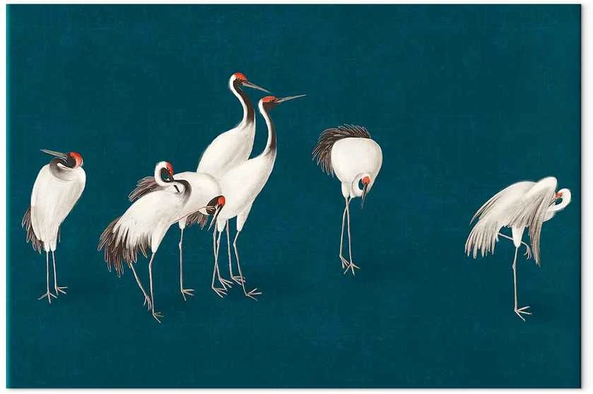 Artgeist XXL paveikslas - Evening by the pond - a group of cranes drawn in dry pastel on a dark turquoise background