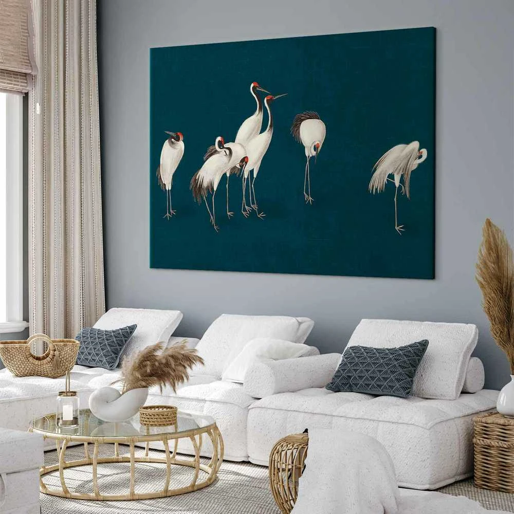Artgeist XXL paveikslas - Evening by the pond - a group of cranes drawn in dry pastel on a dark turquoise background