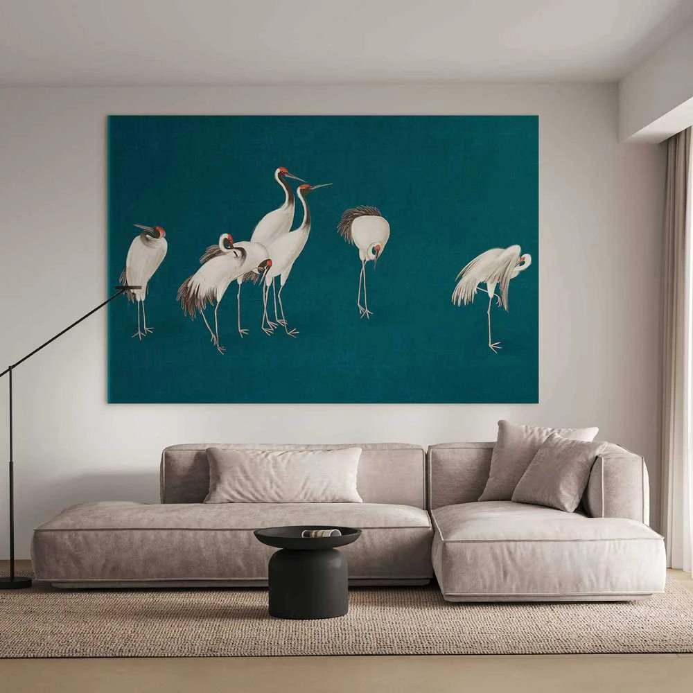 Artgeist XXL paveikslas - Evening by the pond - a group of cranes drawn in dry pastel on a dark turquoise background