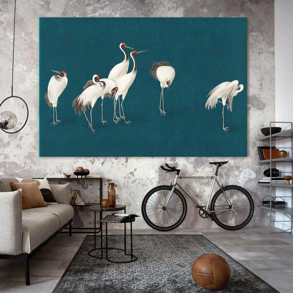 Artgeist XXL paveikslas - Evening by the pond - a group of cranes drawn in dry pastel on a dark turquoise background