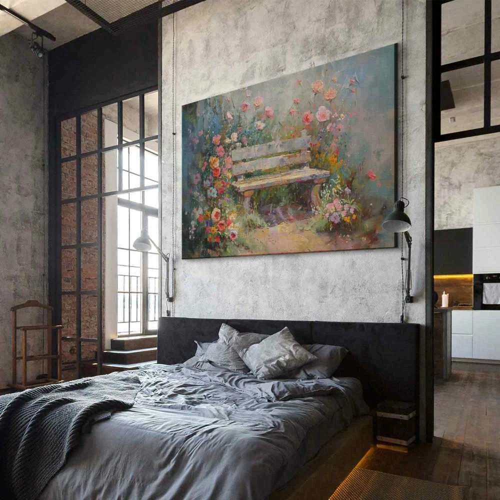 Artgeist XXL paveikslas - Flowery bench - impressionist painting full of flowers