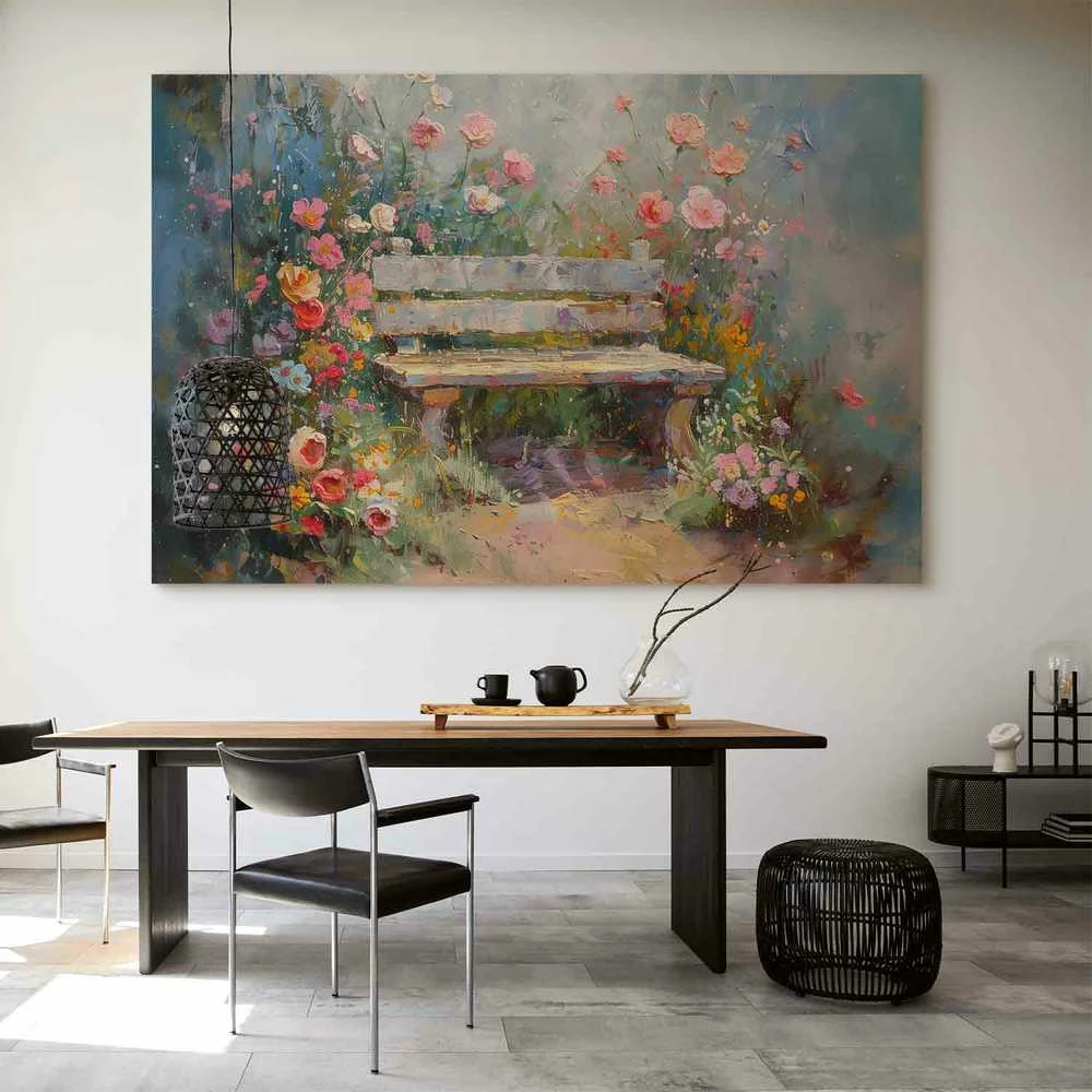 Artgeist XXL paveikslas - Flowery bench - impressionist painting full of flowers