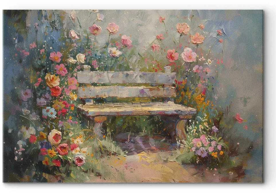Artgeist XXL paveikslas - Flowery bench - impressionist painting full of flowers