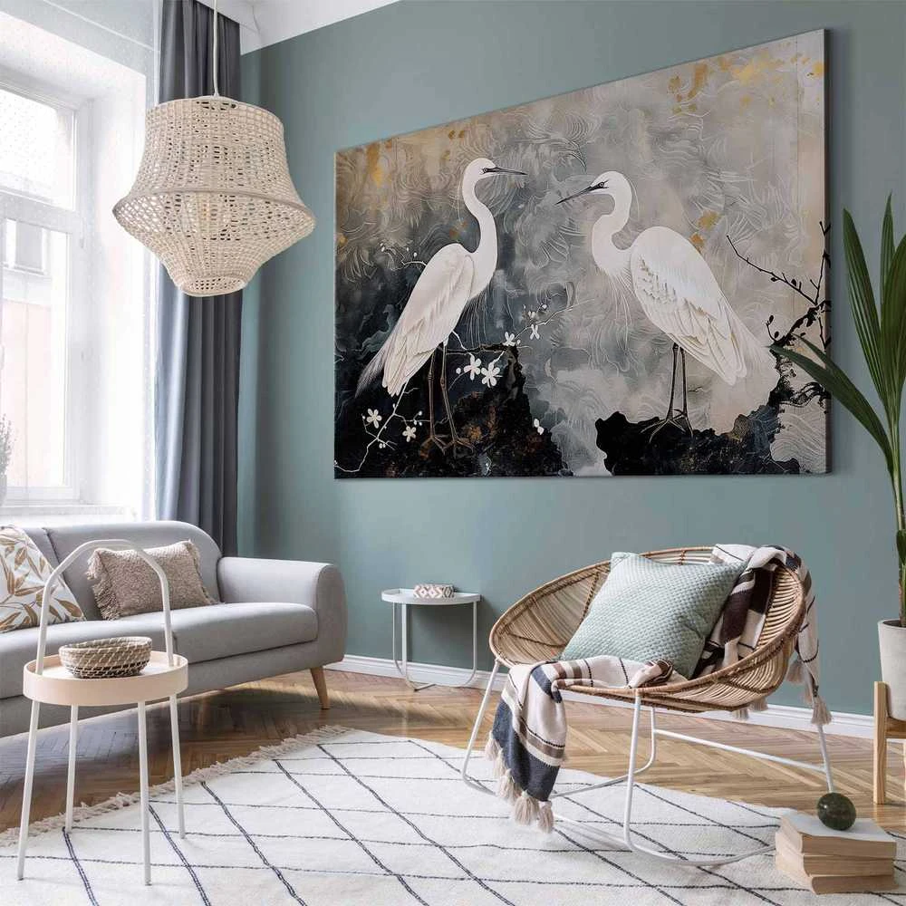 Artgeist XXL paveikslas - Herons and cherry blossoms - oriental-style illustration depicting birds