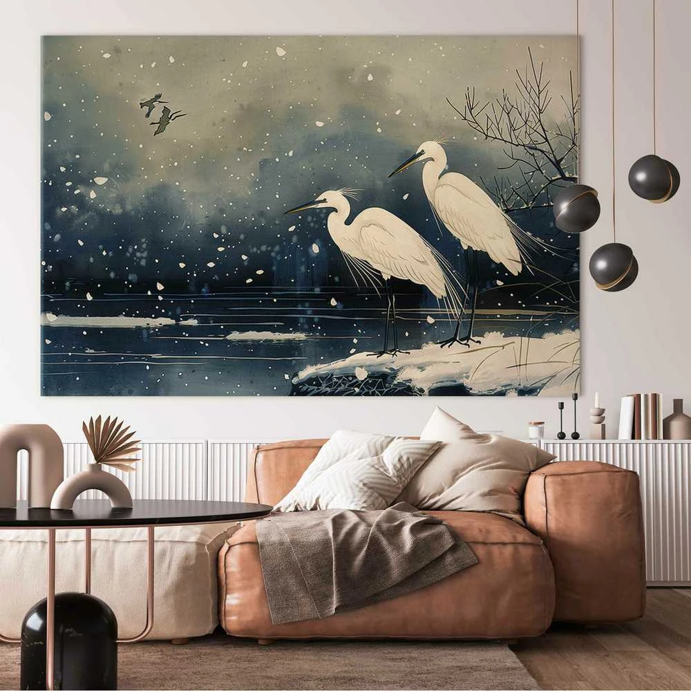 Artgeist XXL paveikslas - Herons over a winter pond - Japanese-style illustration in dark colours