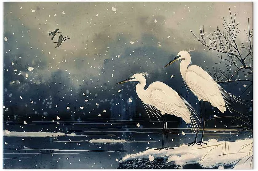 Artgeist XXL paveikslas - Herons over a winter pond - Japanese-style illustration in dark colours