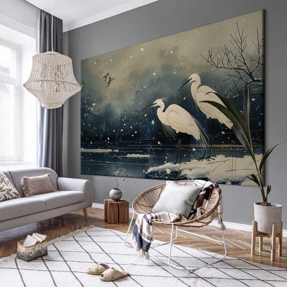 Artgeist XXL paveikslas - Herons over a winter pond - Japanese-style illustration in dark colours