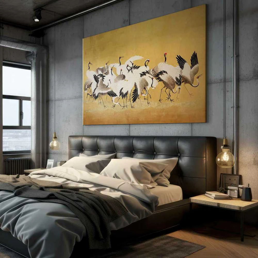 Artgeist XXL paveikslas - Japanese cranes - a flock of birds against a golden background based on a painting by Ishida Yūtei