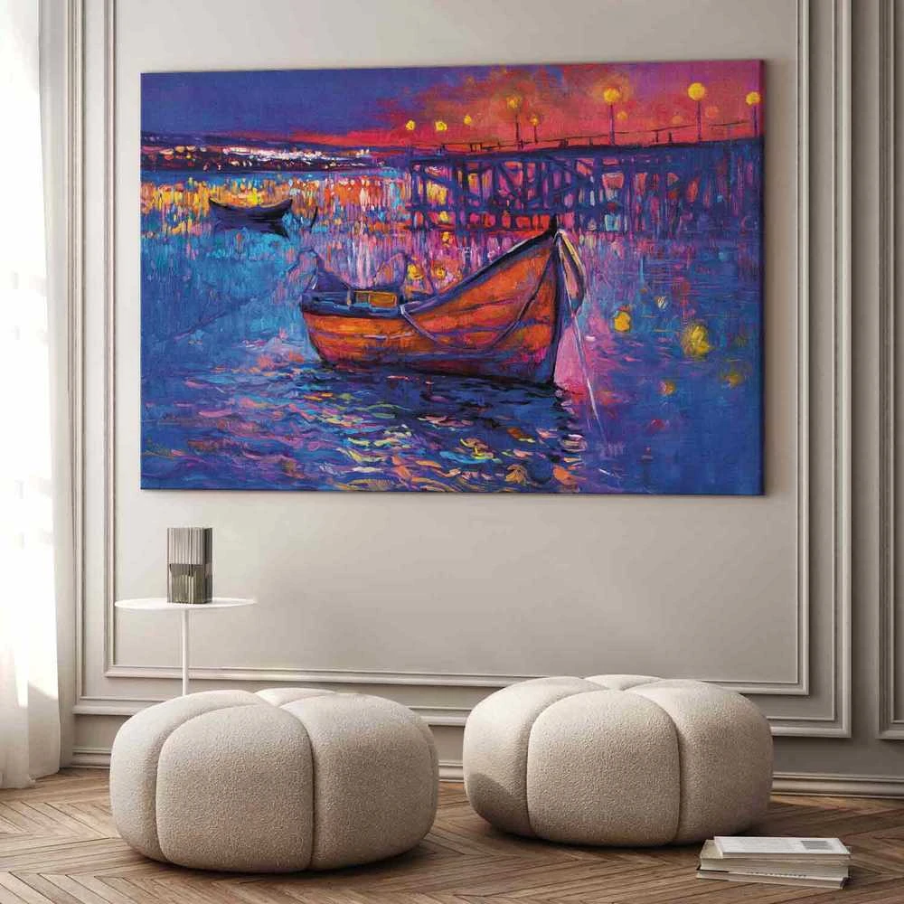 Artgeist XXL paveikslas - Modern impressionism - night landscape of a lake with a floating boat