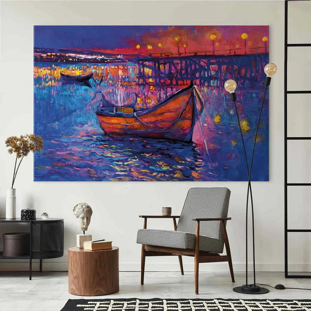 Artgeist XXL paveikslas - Modern impressionism - night landscape of a lake with a floating boat