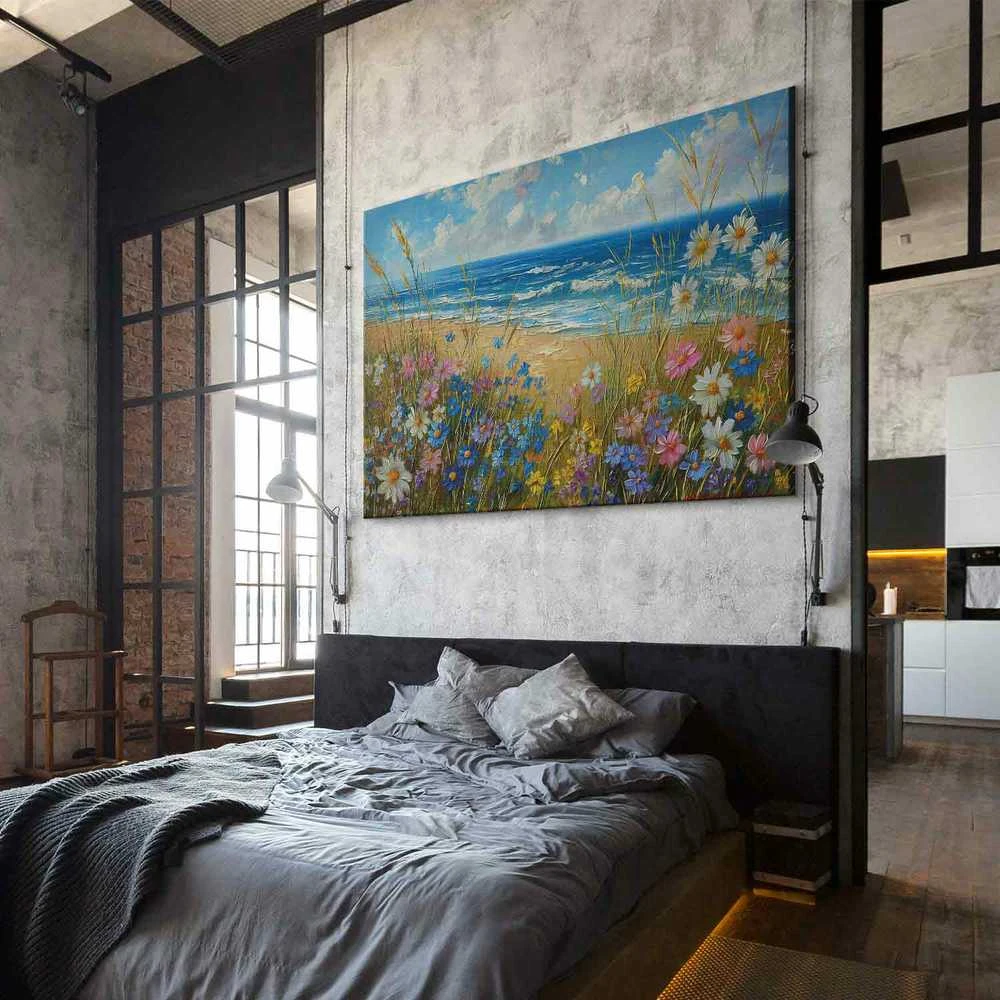 Artgeist XXL paveikslas - Seascape – wildflowers and a view of the rough sea