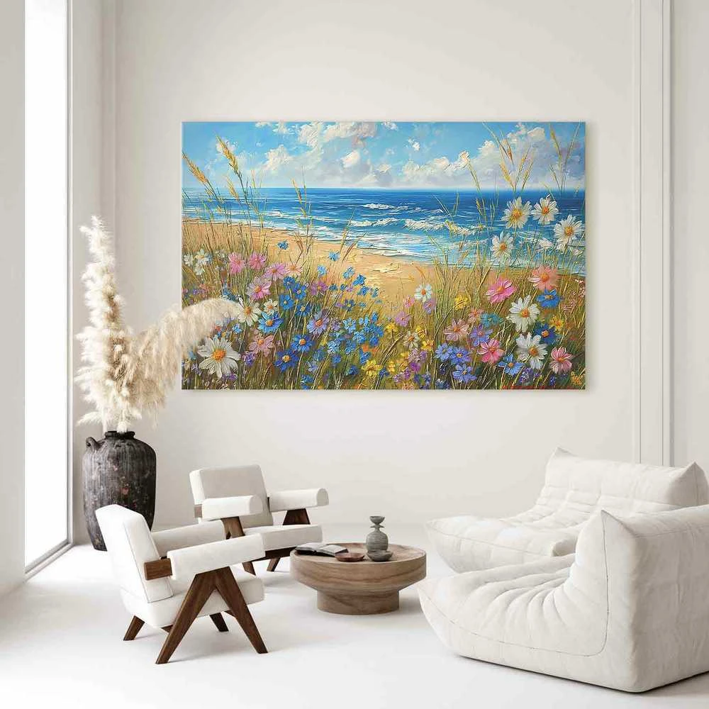 Artgeist XXL paveikslas - Seascape – wildflowers and a view of the rough sea