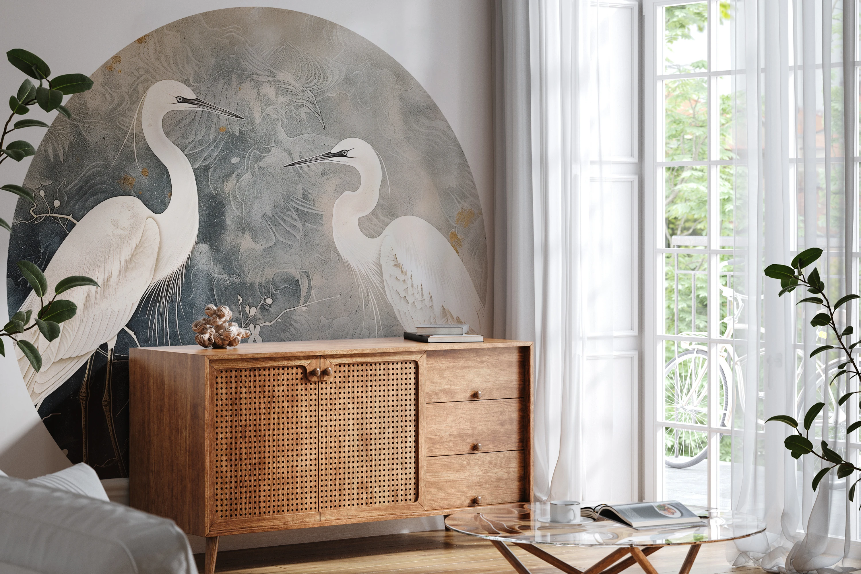 Artgeist Apvalus fototapetas - Japanese cranes - a flock of birds against a golden background based on a painting by Ishida Yūtei aprašymas - Prekės nuotrauka