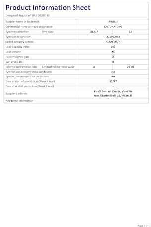 Pirelli 275/40R18 CINTURATO P7 (P7C1) 103Y XL *