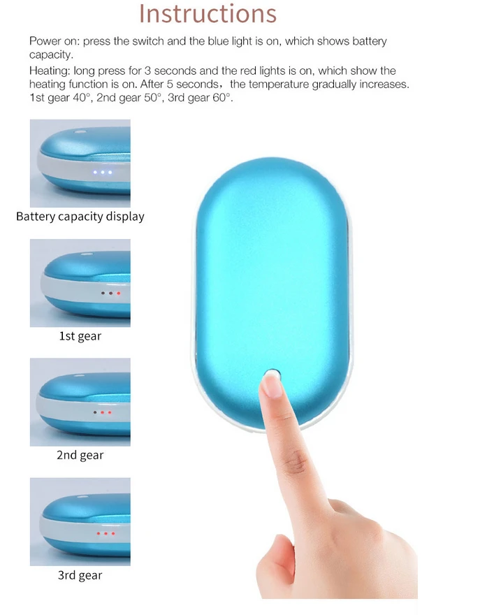 Blue Nešiojamas rankų šildytuvas, Powerbank 10000mAh (Mėlynas)