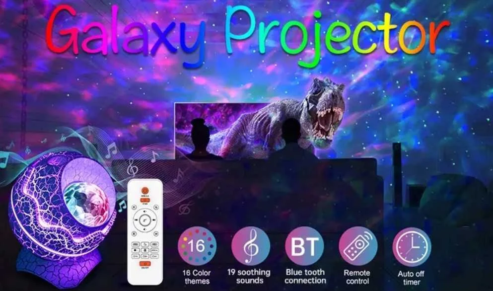 Galaktikų ir žvaigždžių projektorius Dinozauro kiaušinis su Bluetooth garsiakalbiu