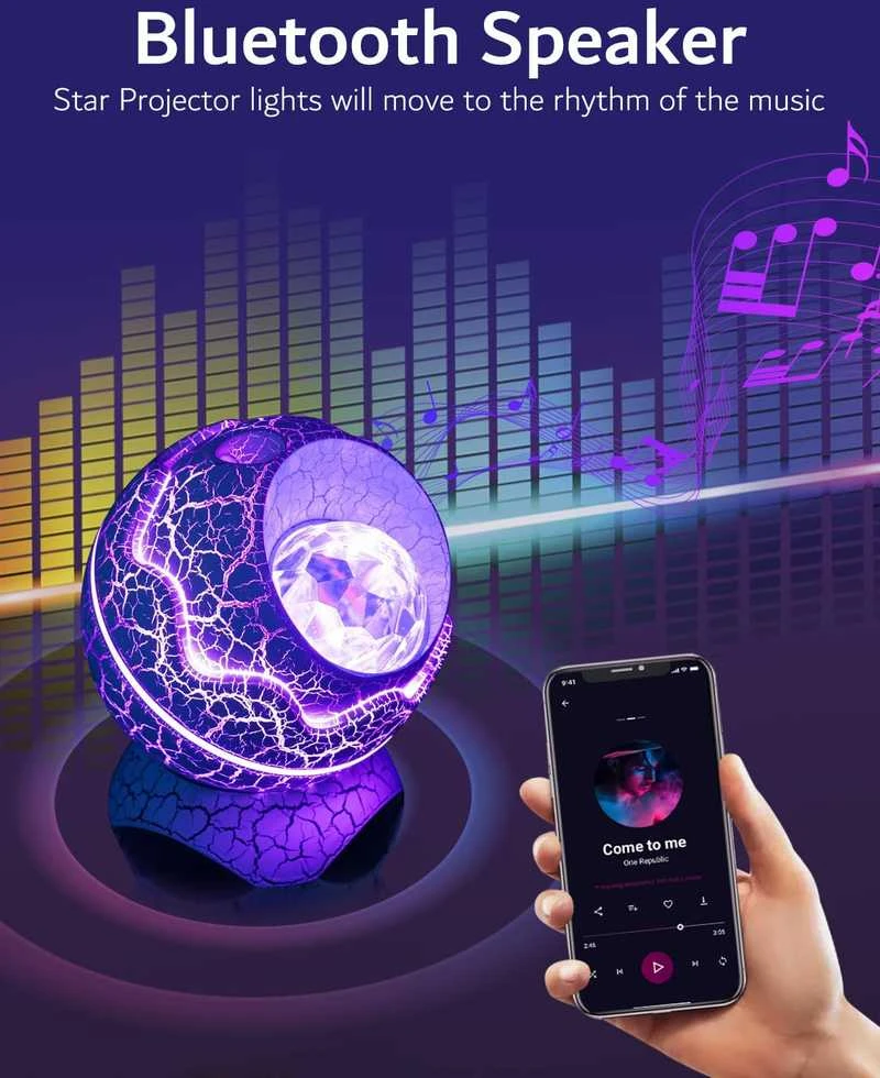 Galaktikų ir žvaigždžių projektorius Dinozauro kiaušinis su Bluetooth garsiakalbiu