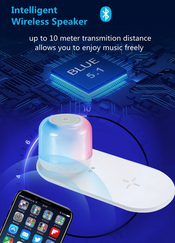 Garso kolonėlė su RGB apšvietimu ir belaidžiu telefono įkrovikliu