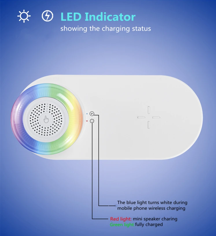 Garso kolonėlė su RGB apšvietimu ir belaidžiu telefono įkrovikliu