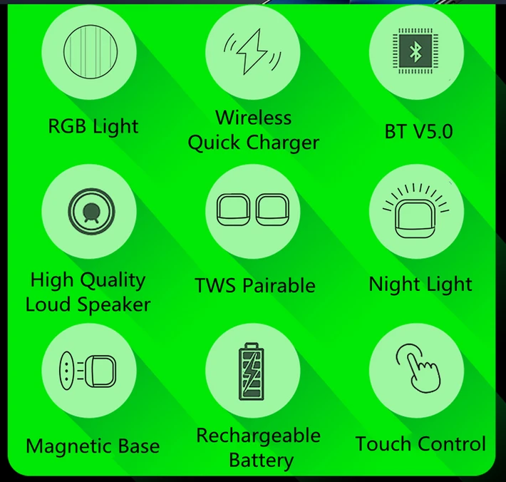 Garso kolonėlė su RGB apšvietimu ir belaidžiu telefono įkrovikliu