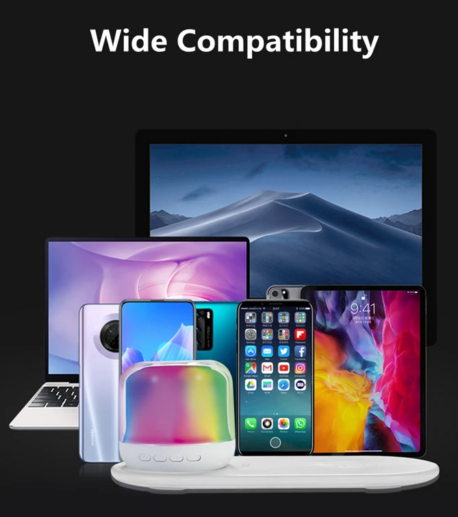 Garso kolonėlė su RGB apšvietimu ir belaidžiu telefono įkrovikliu
