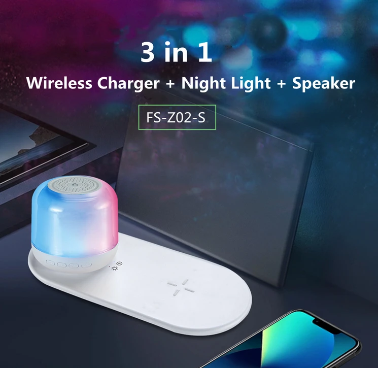 Garso kolonėlė su RGB apšvietimu ir belaidžiu telefono įkrovikliu