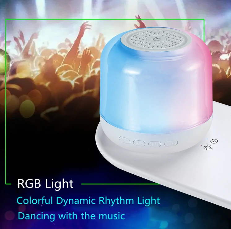 Garso kolonėlė su RGB apšvietimu ir belaidžiu telefono įkrovikliu
