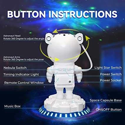 Astronautas baltas žvaigždžių projektorius LED su BLUETOOTH garsiakalbių