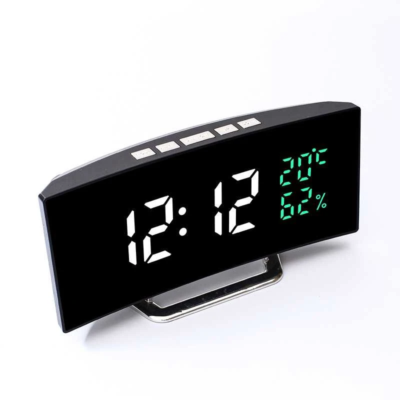 LED veidrodinis laikrodis su lenktu ekranu, temperatūros ir drėgmės rodymu