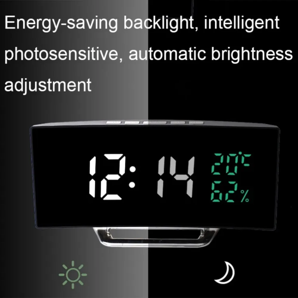 LED veidrodinis laikrodis su lenktu ekranu, temperatūros ir drėgmės rodymu