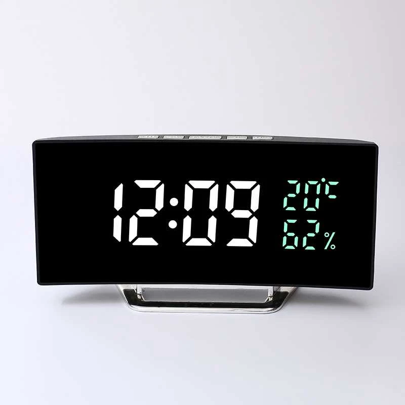 LED veidrodinis laikrodis su lenktu ekranu, temperatūros ir drėgmės rodymu