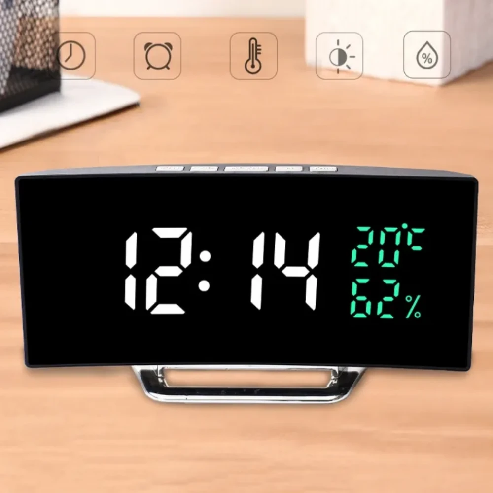 LED veidrodinis laikrodis su lenktu ekranu, temperatūros ir drėgmės rodymu