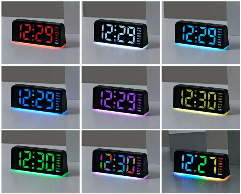 Modernus RGB LED stalinis laikrodis su savaitės dienų indikacija ir spalvotu apšvietimu