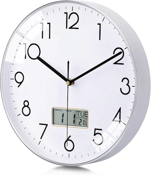 Netiksintis sieninis laikrodis su tyliu mechanizmu, LCD ekranu, su termometru ir kalendoriumi, 30 cm