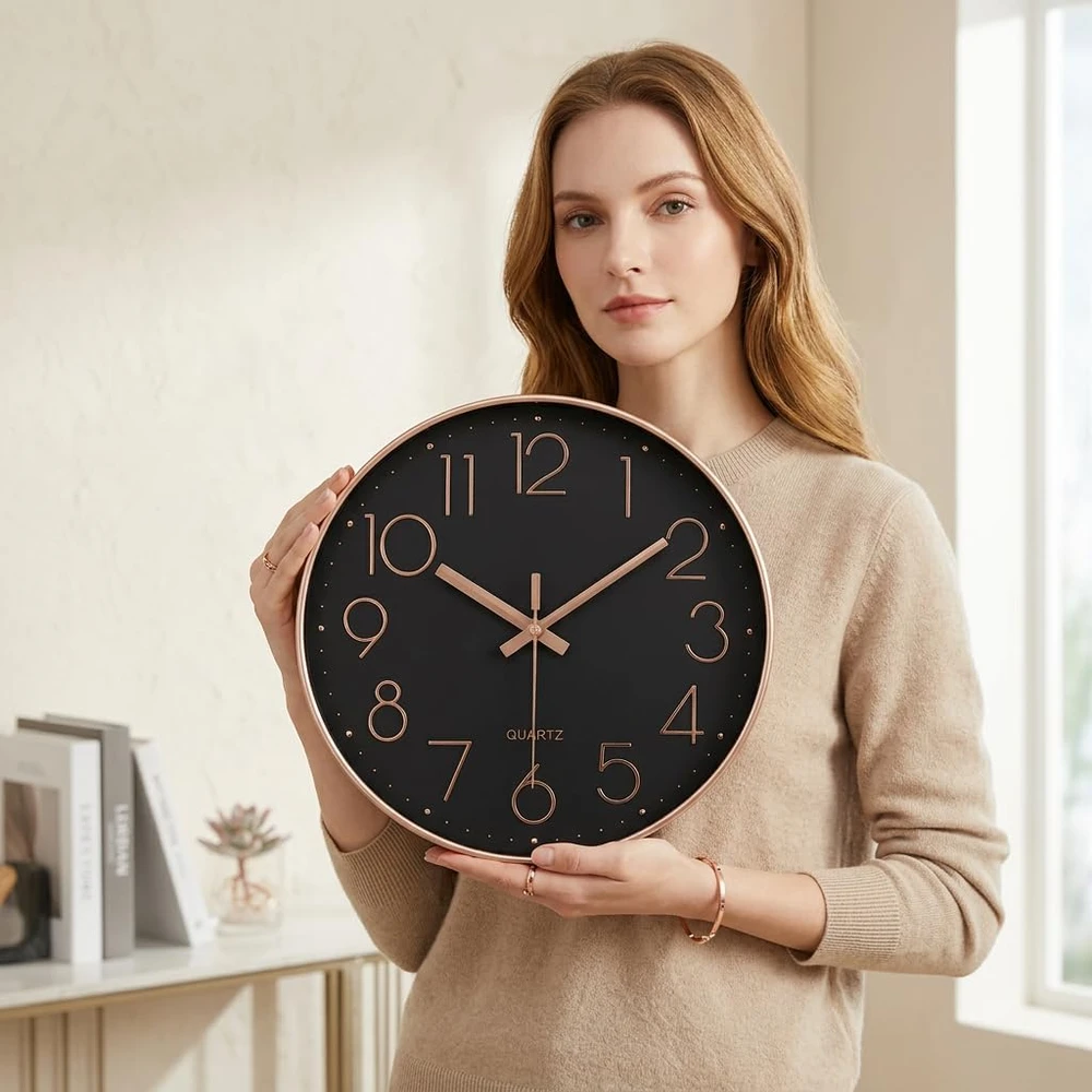 Netiksintis sieninis laikrodis su tyliu mechanizmu ir dideliais skaičiais, 30 cm