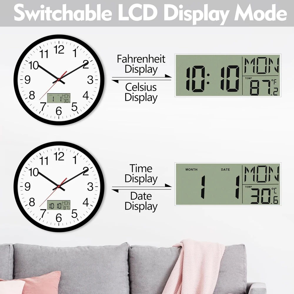 Netiksintis sieninis laikrodis su tyliu mechanizmu, LCD ekranu, su termometru ir kalendoriumi, 30 cm