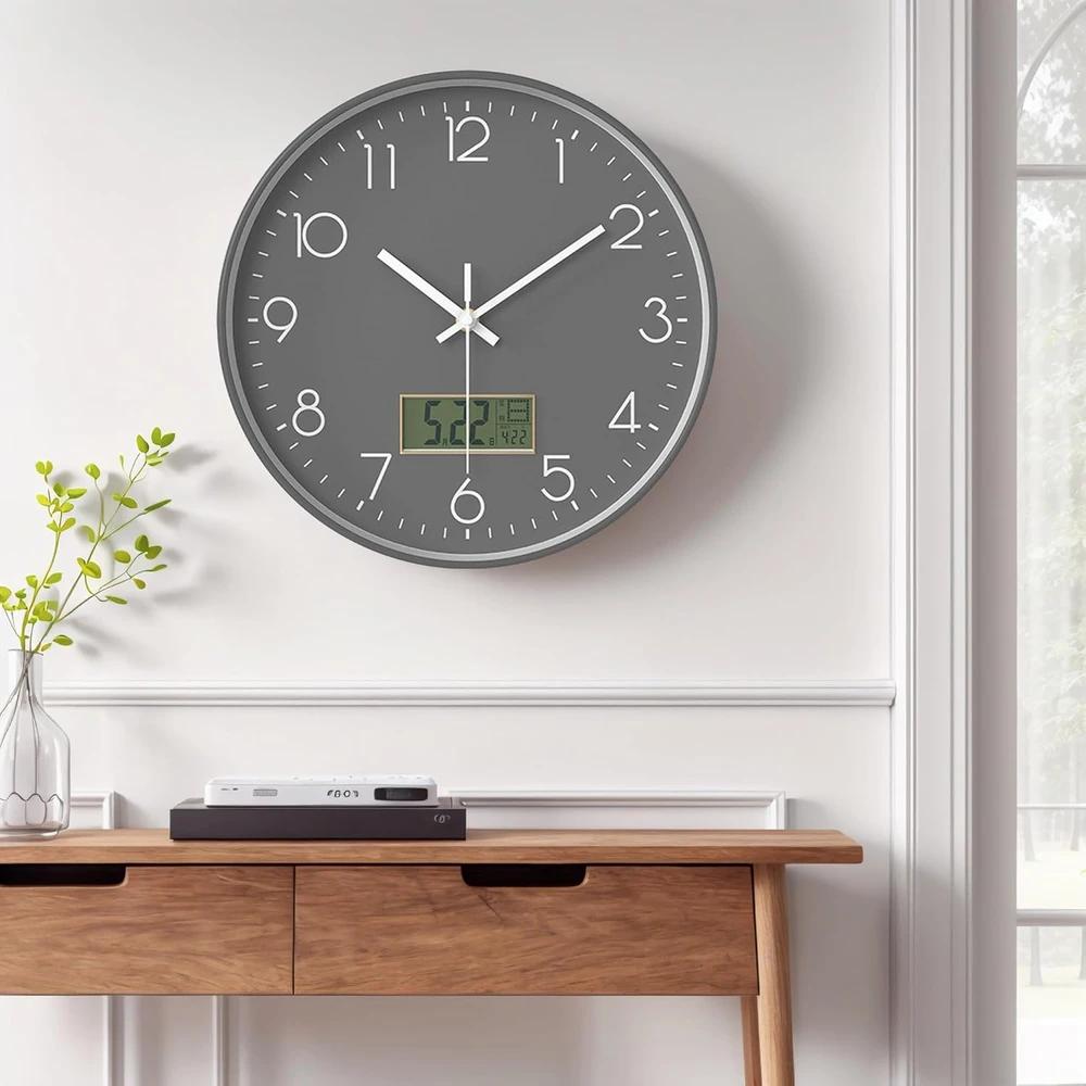 Netiksintis sieninis laikrodis su tyliu mechanizmu, LCD ekranu, su termometru ir kalendoriumi, 30 cm