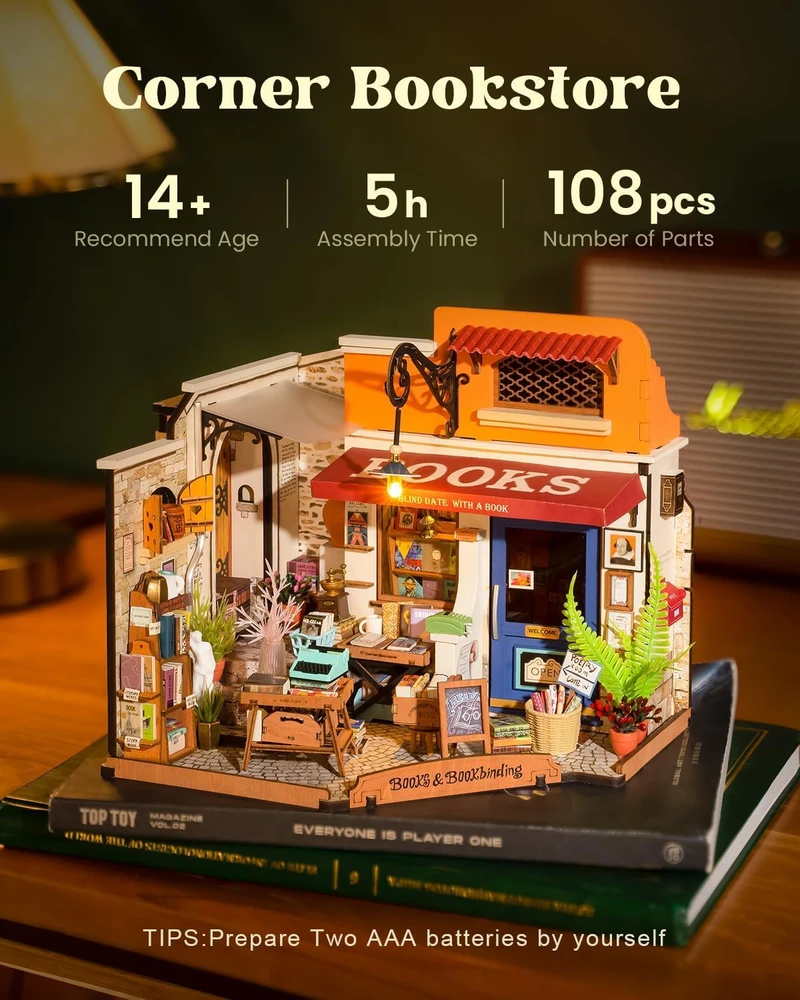 Robotime Mini namas 3D konstruktorius Corner Bookstore