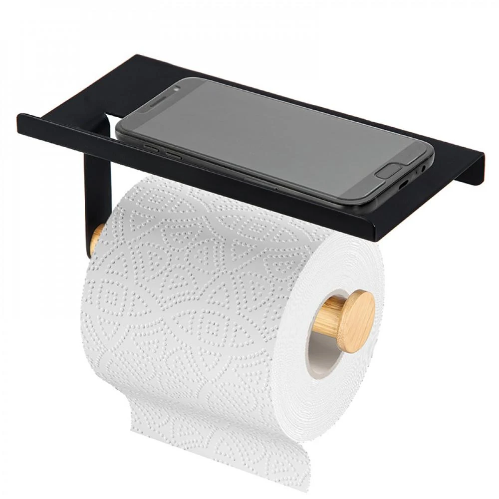 Bamboo Juodas metalinis tualetinio popieriaus ir mobiliojo telefono laikiklis su bambuko koteliu 18x10x7,5 cm spalvota dėžutė