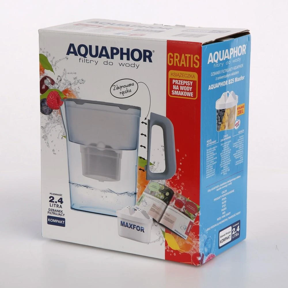 Ąsotis vandens valytuvas Aquaphor Kompakt 2,4l, su filtru B100-25 Maxfor + premija "Gustatory waters", pilkos spalvos