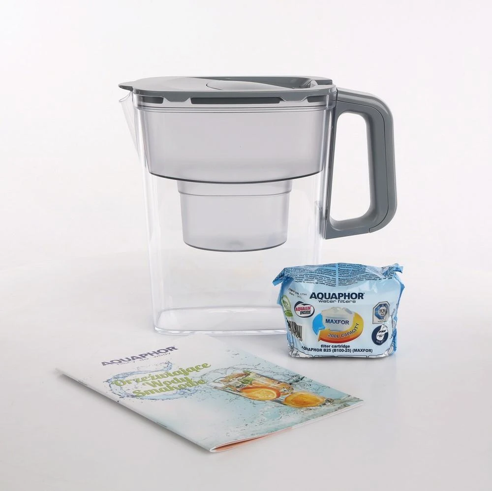 Ąsotis vandens valytuvas Aquaphor Kompakt 2,4l, su filtru B100-25 Maxfor + premija "Gustatory waters", pilkos spalvos